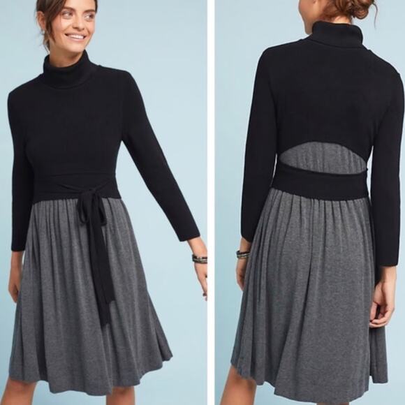 Anthropologie Moth Turtleneck Black Gray Ribbed Knit Dress Tie Waist long sleeve - Picture 1 of 14